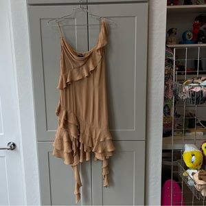 NBD Dua Nude Ruffle Asymetrical Midi Dress Designer Boho Fairy Festival XS Drape